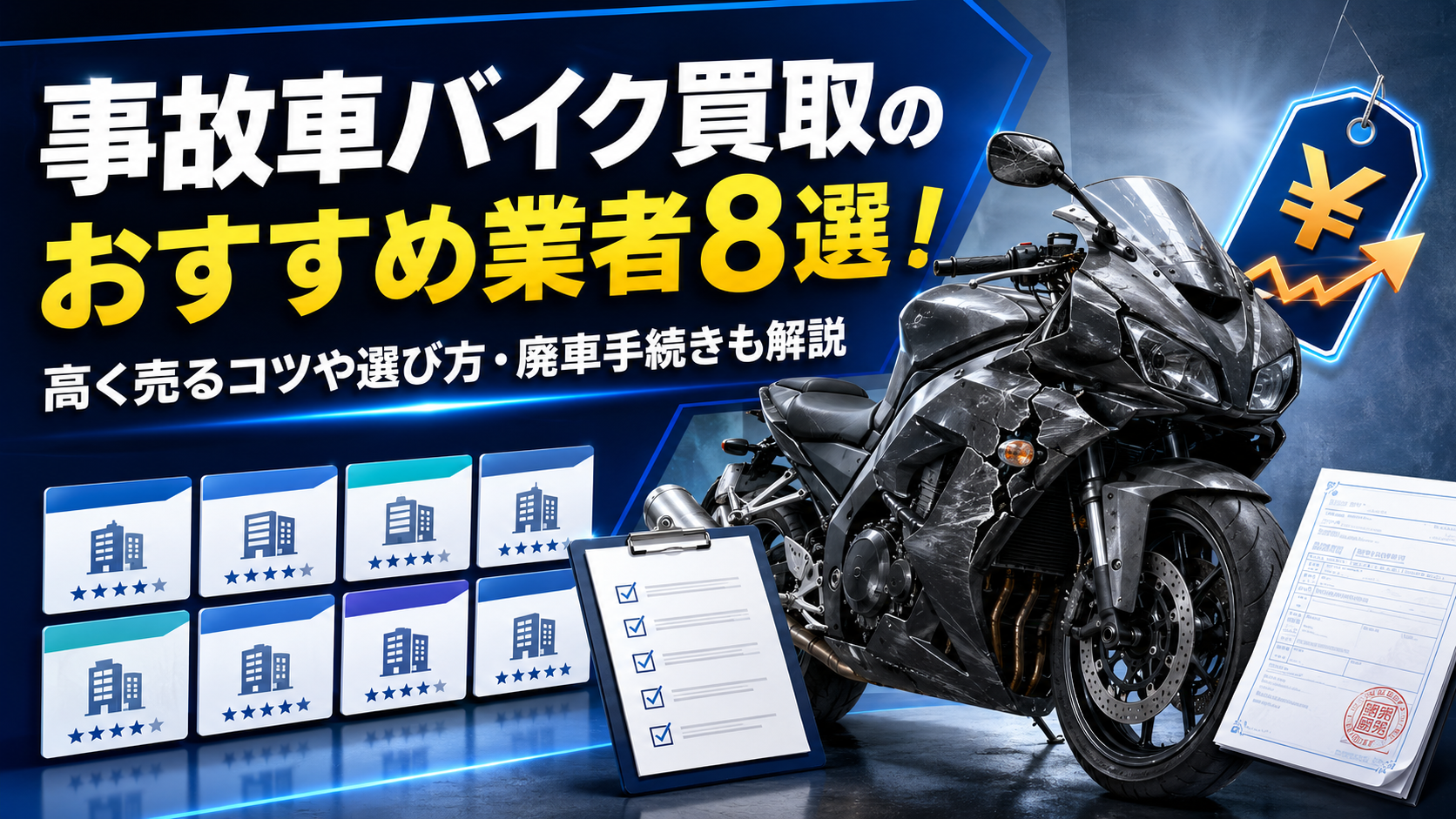 事故車バイク買取のおすすめ業者8選!高く売るコツや選び方・廃車手続きも解説